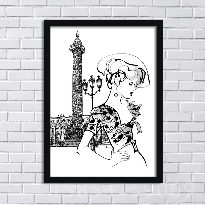 时尚卡通美女 现代简约装饰画 环保有框挂画