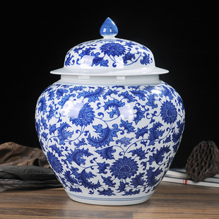景德镇陶瓷器摆件青花瓷将军，罐储物罐瓷罐带盖茶叶，罐子大号装饰品