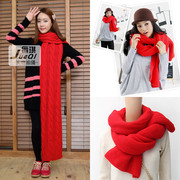 韩版加厚大红色毛线围巾保暖红色，围脖男情侣款，麻花针织秋天冬季女