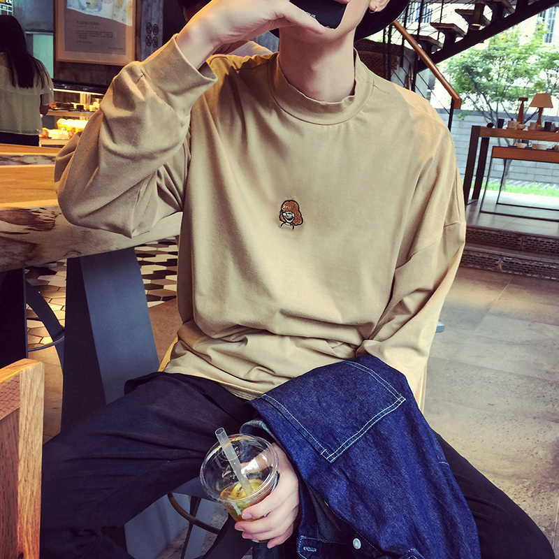 恰恰也是秋季男士长袖T恤圆领宽松刺绣简约青少年纯棉秋冬打底衫