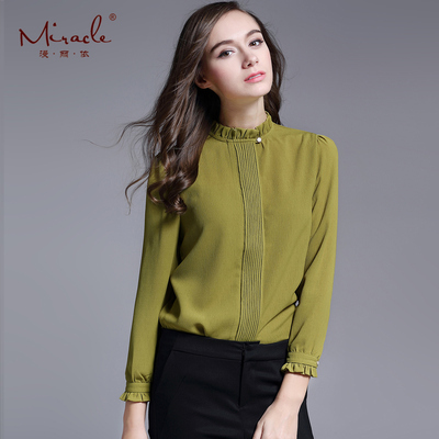 2017秋装新款韩版大码修身职业装女士立领白色加绒衬衫女长袖衬衣