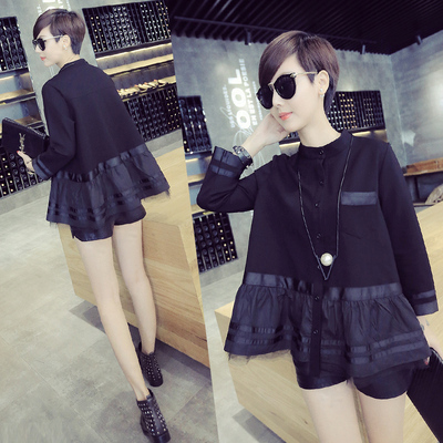 上品行欧洲站秋季女装圆领纯色个性网纱拼接设计韩版百搭衬衫NO