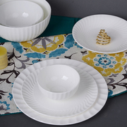 中式家用玄月螺纹纯白骨瓷碗碟，盘子餐具套装，创意餐具碗盘组合套装