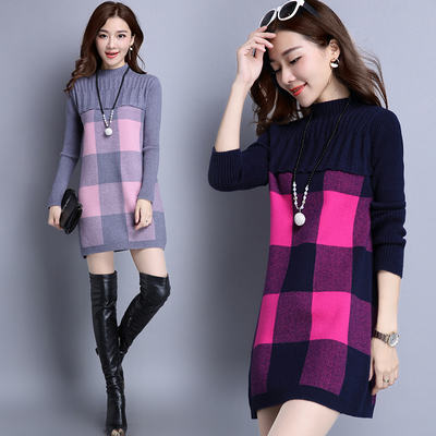 冬季韩版半高领毛衣套头宽松女潮撞色毛衣裙中