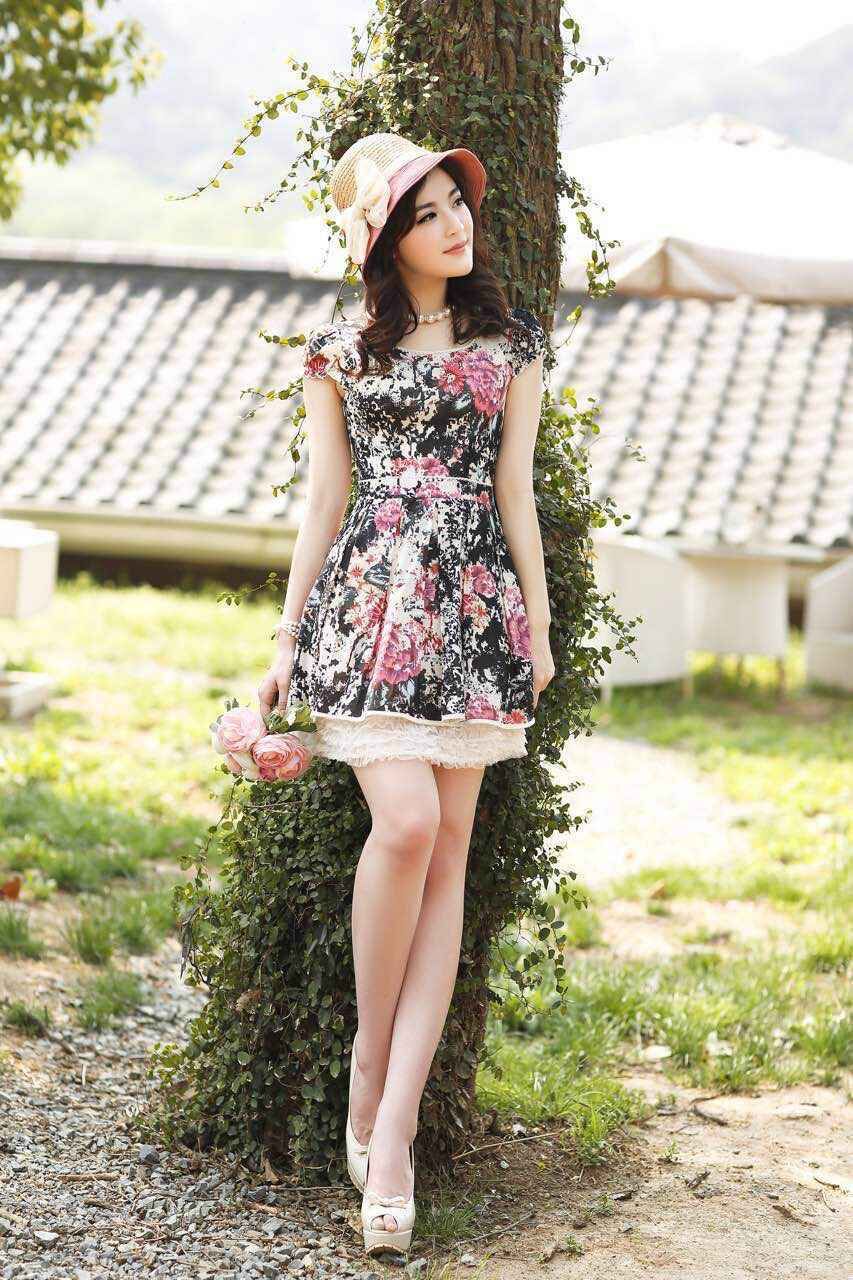 BW54高端好货2015女装夏装 漂亮印花 收腰显瘦 甜美百搭连衣裙