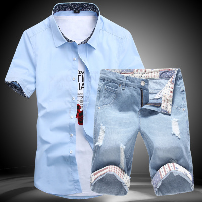 2016夏季新款青少年韩版修身短袖衬衫搭配牛