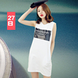 韩版2016夏装新款宽松圆领无袖中长裙印花字母白色T恤连衣裙女潮