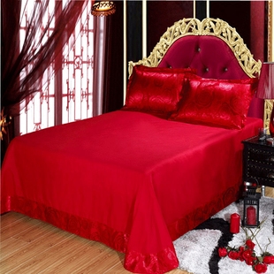 婚庆大红床单单件双人床上欧式圆角飞边床单枕套布料宾馆结婚漂亮