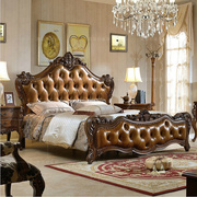 美式实木雕刻双人床欧式真皮大床婚床实木真皮双人床婚床