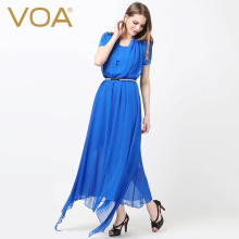 VOA 宝蓝针织真丝乔其圆领短袖橡筋腰宽松批肩两件套挂脖式连衣裙图片