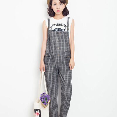 艾绅纳2016春装新款女装 棉麻格子背带裤女宽松学生九分连体裤