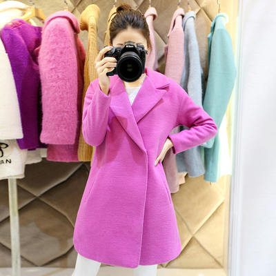 标题优化:2014冬季新款加厚紫色毛呢外套中长款大衣韩版修身毛呢上衣女