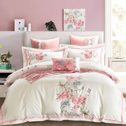 中式床品纯棉四件套白色粉色床，单式4件套，刺绣被套高档床上用品