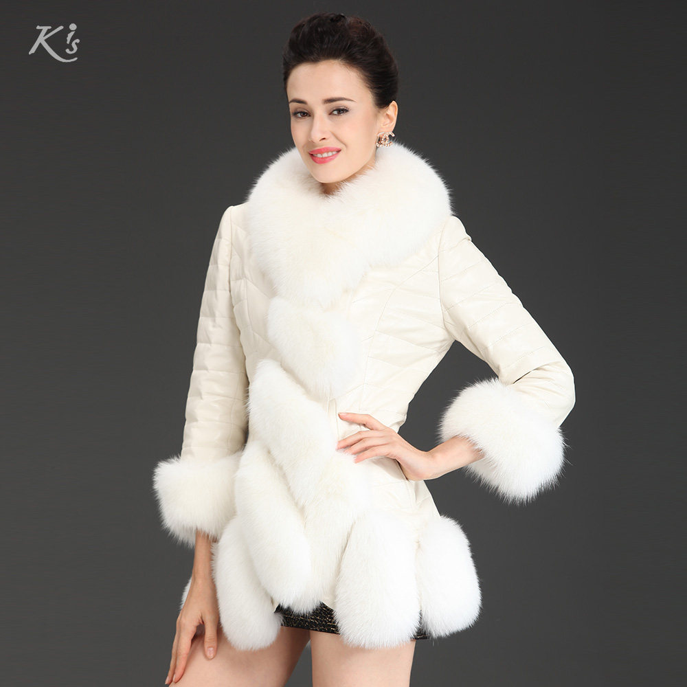 Kis正品2014新款海宁羊皮衣中长款白狐毛领袖皮毛一体羽绒服