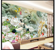家和富贵3D玉雕孔雀牡丹山水客厅电视背景墙5D立体壁画书房墙画