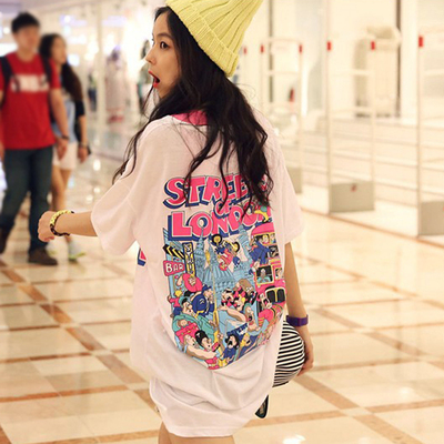 标题优化:2015夏季韩国宽松t恤女短袖韩范中长款T体恤衫纯棉学生卡通印花潮