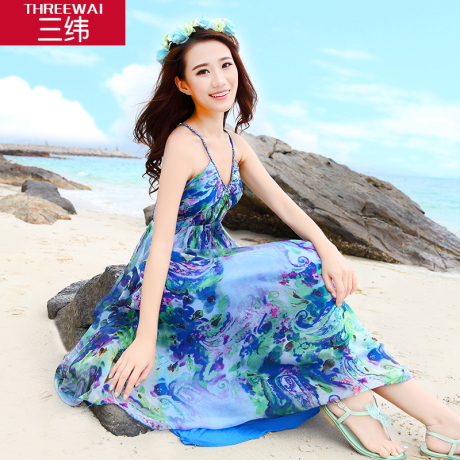 三纬2018夏V领波西米亚真丝连衣裙修身显瘦印花女装度假长裙商品大图