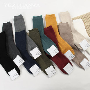 韩国袜子女etna基本款纯色竖条纹，堆堆袜中长筒纯棉糖果纯色黑色袜