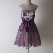 D003紫色甜美纱裙伴娘 短款礼服裙抹胸 手工钉珠绣花 公主A字裙