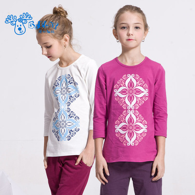 GOPLAY2016春装新款中大童装体恤 复古图案七分袖女童T恤长袖春秋