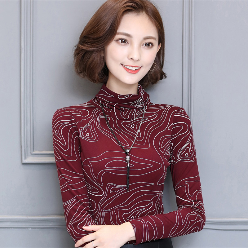加绒加厚蕾丝打底衫女2016冬季新款条纹印花修身高领保暖长袖上衣