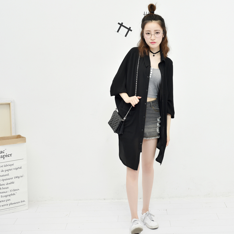 2017春夏新款韩版修身宽松雪纺蝙蝠衫长款衬