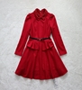 冬春秋女甜美红色，套头长袖修身微弹羊毛呢，a型中裙连衣裙