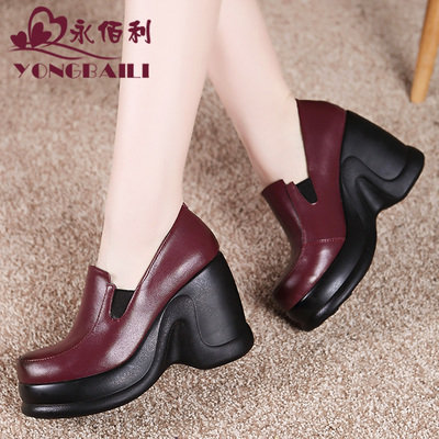 永佰利2017春新款真皮女单鞋坡跟复古厚底松糕鞋英伦圆头高跟女鞋