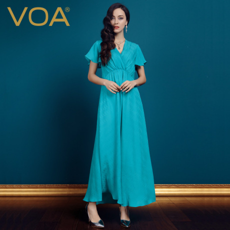 VOA 浅蓝高腰荷叶袖高端优雅真丝连衣裙 丝绸荷叶边长裙大摆裙商品大图