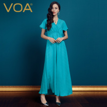 VOA 浅蓝高腰荷叶袖高端优雅真丝连衣裙 丝绸荷叶边长裙大摆裙图片