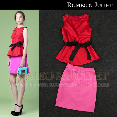 【欧洲站】2014秋装新款女装 褶皱修身红色背心+A字型半身裙套装