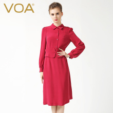 VOA 限量款暗红色重磅真丝方领单排长袖翻边中腰淑女连衣裙A6129图片