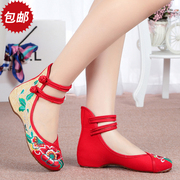 老北京布鞋舞蹈民族，风拼色绑带绣花鞋，内增高坡跟女单鞋