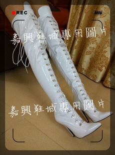 欧美性感女神12厘米包跟白色前系带超高跟细跟过膝靴女靴 E403