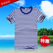 夏季海魂衫男短袖t恤蓝色海军风纯棉圆领，半袖蓝白条纹情侣装定制