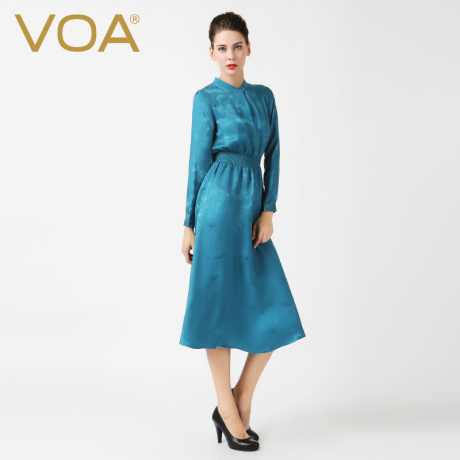 VOA 蓝色提花半开领松紧腰长袖通勤复古碎褶真丝连衣裙  A6278商品大图