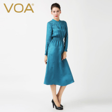 VOA 蓝色提花半开领松紧腰长袖通勤复古碎褶真丝连衣裙  A6278图片