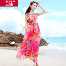 三纬2018夏新款波西米亚真丝连衣裙女装修身显瘦印花V领百搭长裙图片