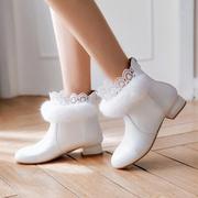 秋冬靴子女短靴甜美低跟可爱蕾丝花边，兔毛洛丽塔lolita学生女靴子