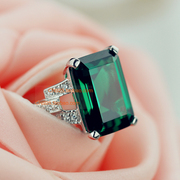 祖母绿水晶绿碧玺色宝石食指，戒指女冷淡风，纯银镀金个性指环女