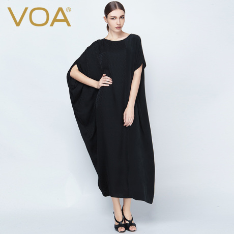 VOA黑色提花重磅真丝撞料圆领蝙蝠短袖O型长袍子无束缚A5269商品大图
