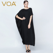 VOA黑色提花重磅真丝撞料圆领蝙蝠短袖O型长袍子无束缚A5269图片