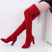 红色长靴女过膝高跟性感高筒显瘦弹力加绒大腿靴粗跟长筒靴子冬靴