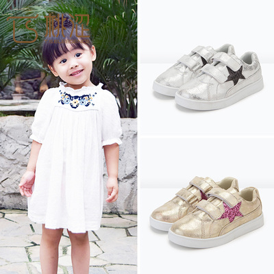 桃涩金色儿童运动鞋一脚蹬板鞋休闲懒人鞋魔术贴女童乐福鞋单鞋潮