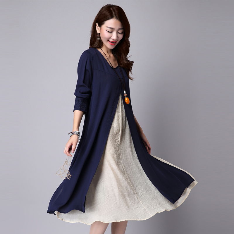 2016春秋大码女装中长款宽松假两件长袖棉麻