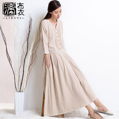 漓布衣2018新款春装连衣裙文艺棉麻七分袖V领