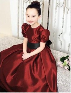 酒红色欧美秋冬短袖款儿童，礼服公主裙女童礼服，裙公主裙钢琴演出服