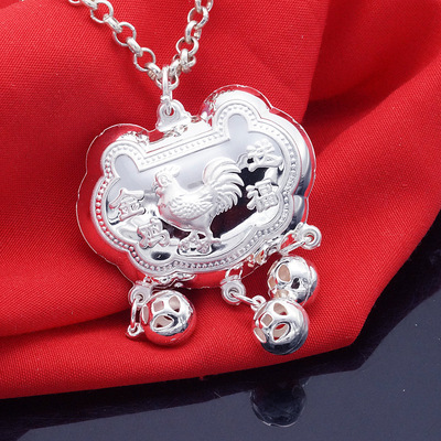 鸡年鸡宝宝长命锁S99纯银小孩银锁吊坠 金鸡