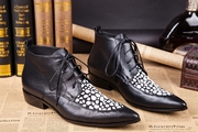 黑色系带尖头皮靴韩版英伦时尚男靴子牛皮潮男鞋商务低帮个性皮鞋