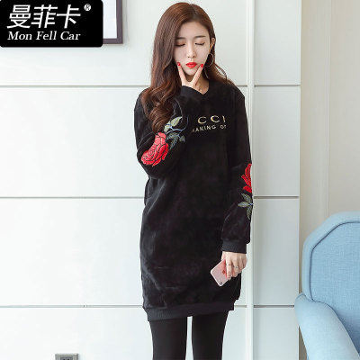 加绒加厚金丝绒中长款卫衣女套头2016新款刺